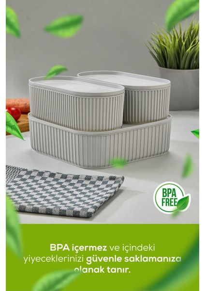 3'lü Elastik Bantlı Istiflenebilir Pratik Saklama Kabı Seti 2X(1100 Ml) 1X(2600 Ml) Gri