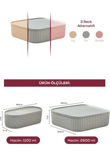 3'lü Elastik Bantlı Istiflenebilir Pratik Saklama Kabı Seti 2X(1100 Ml) 1X(2600 Ml) Gri