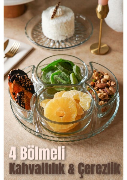 4 Bölmeli Cam Kahvaltılık Seti, Çerezlikli, Şeffaf, Şık ve Kullanışlı, Turuncu Renk