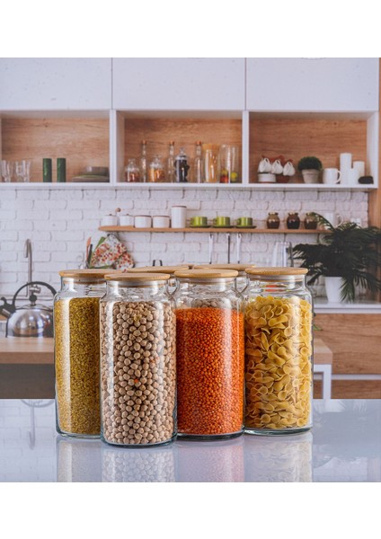 6'lı Bambu Kapaklı Cam Vakumlu Kavanoz Takımı, 1,3 L, turuncu renk