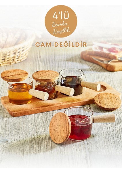 4'lü Ahşap Standlı Bambu Saplı Mika Sosluk Reçellik Çerezlik Ikramlık Sunumluk-Cam Değildir