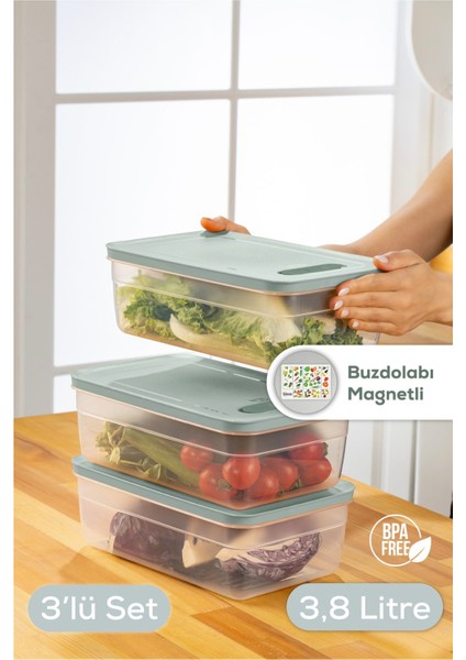 3'lü ayarlı sebze ve meyve saklama kabı, 3,8L, mint renkli, plastik, 3 parça