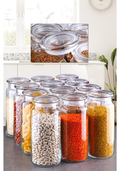 12'li şeffaf cam kavanoz seti, 1.3 L, dayanıklı ve şık tasarım