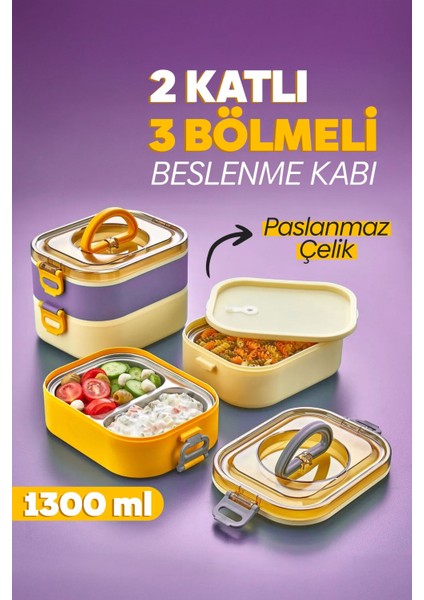 Paslanmak Çelik - Yeni Nesil Sefer Tası Lunch Box Beslenme Kabı 1300 ml