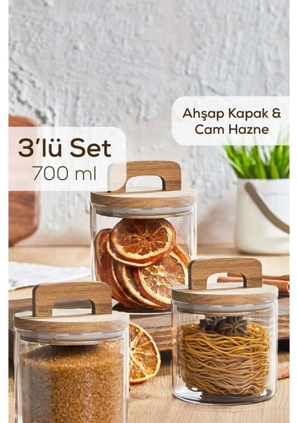 3'lü 700 ml Ahşap Kapaklı Tutacaklı Kavanoz