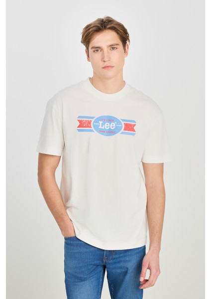 %100 Pamuk Relaxed Fit Geniş Kesim Bisiklet Yaka Baskılı Ekru Tişört