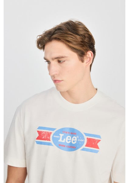 %100 Pamuk Relaxed Fit Geniş Kesim Bisiklet Yaka Baskılı Ekru Tişört fırsatları