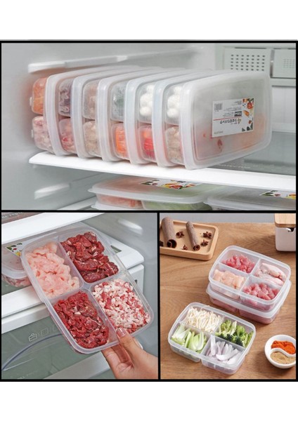 4 Bölmeli Öğünlük Et Sebze Buzluk Saklama Kabı (1 Adet) Dondurulmuş Kuşbaşı Kıyma Kutusu