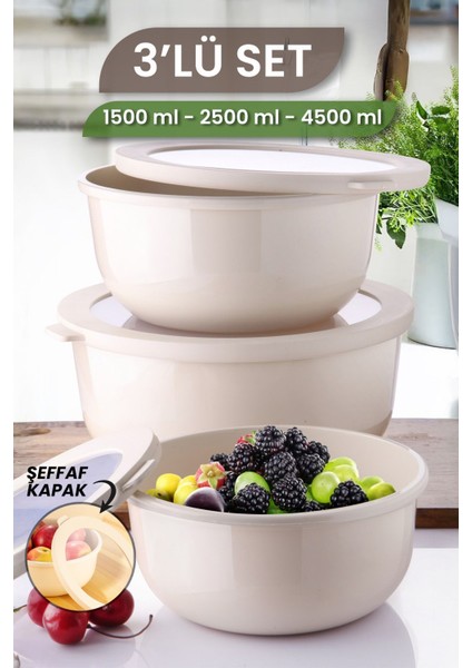 3'lü Saklama Kabı Seti, Mikrodalga ve Dondurucu Uyumlu, Bej, 1500-4500 ml, 3 Parça