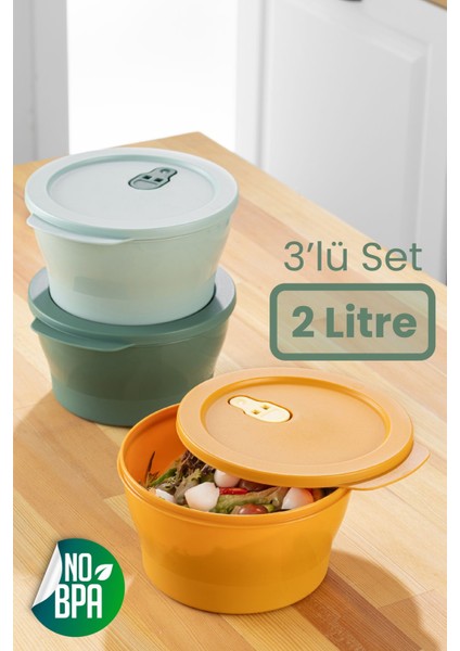 3'lü renkli mikrodalga kapaklı saklama kabı seti