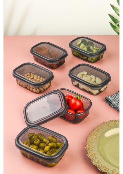 6'lı Çok Amaçlı Saklama Kabı Seti, Mikrodalga ve Dondurucu Uyumlu, Şeffaf ve Antrasit