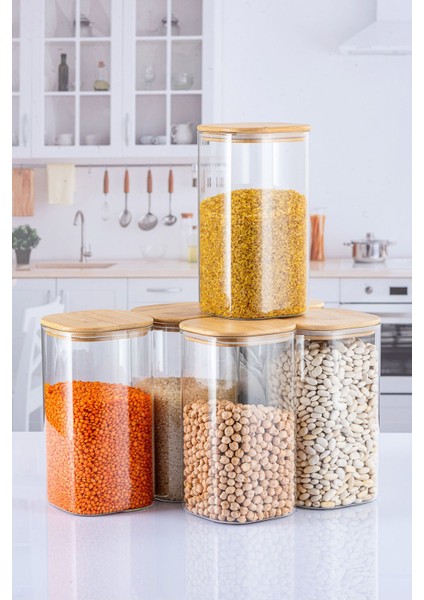 6 Adet 1500 ml Kare Bambu Kapaklı Lüks Bakliyat Seti