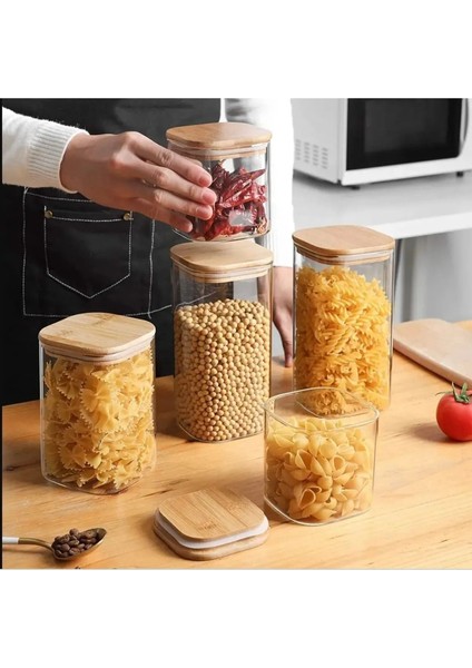 6 Adet 1500 ml Kare Bambu Kapaklı Lüks Bakliyat Seti