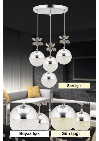 Kelebek 4'lü Gümüş Sarkıt 3 Renk Kademeli Ledli Kristal Taşlı Modern LED Avize