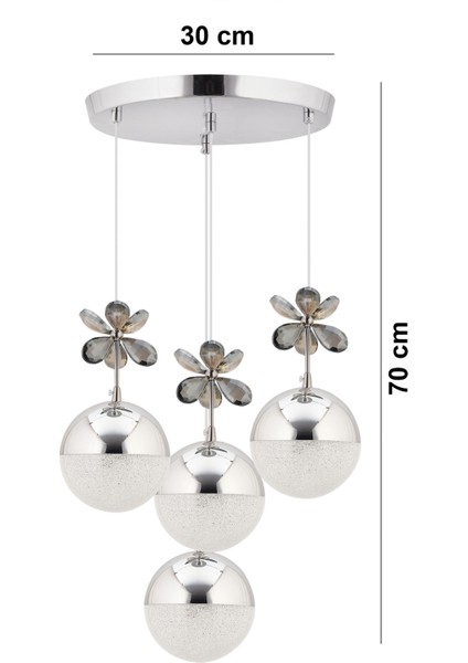 Kelebek 4'lü Gümüş Sarkıt 3 Renk Kademeli Ledli Kristal Taşlı Modern LED Avize