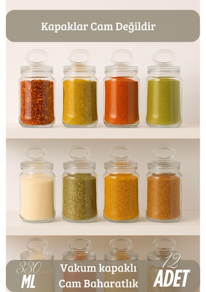 12 Adet Vakumlu Halka Kapak Cam Baharat Takımı Etiket Hediyeli