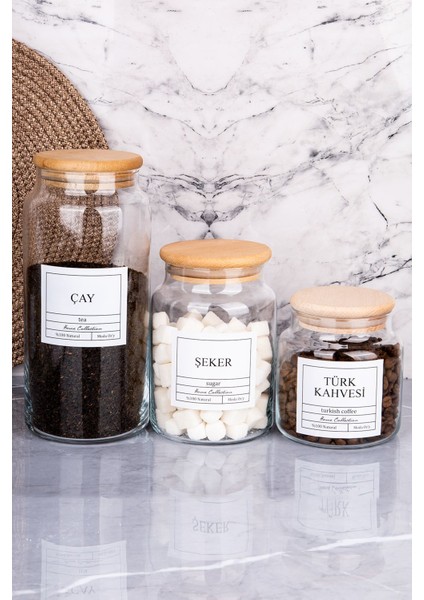 Şeffaf 3'lü Ahşap Kapaklı Saklama Kabı, Çay, Şeker ve Kahve İçin 500 ml Turuncu Set