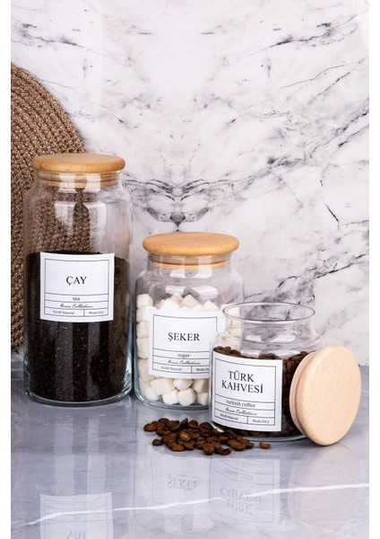 Şeffaf 3'lü Ahşap Kapaklı Saklama Kabı, Çay, Şeker ve Kahve İçin 500 ml Turuncu Set modelleri