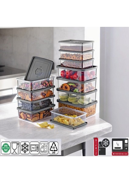 12'li saklama kabı seti, derin dondurucu ve buzdolabı düzenleyici, plastik, gri-beyaz indirimleri