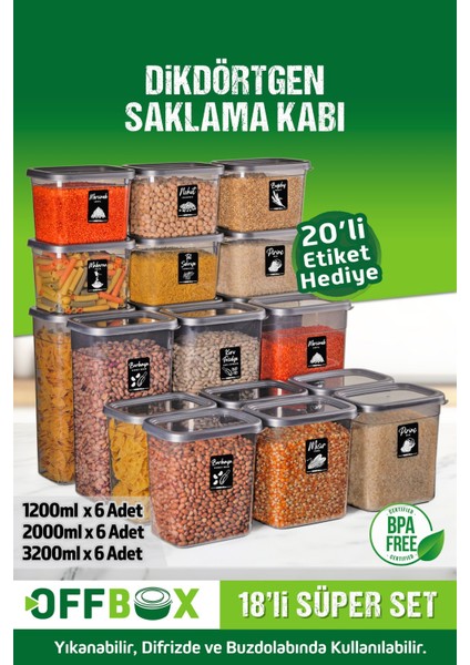 18 Li Dikdörtgen Erzak Bakliyat Saklama Kabı Baharat Seti 1,2-2-3,2 lt 40 Etiketli SET-18D