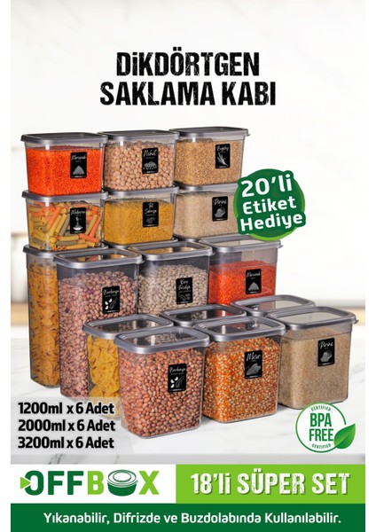 18 Li Dikdörtgen Erzak Bakliyat Saklama Kabı Baharat Seti 1,2-2-3,2 lt 40 Etiketli SET-18D
