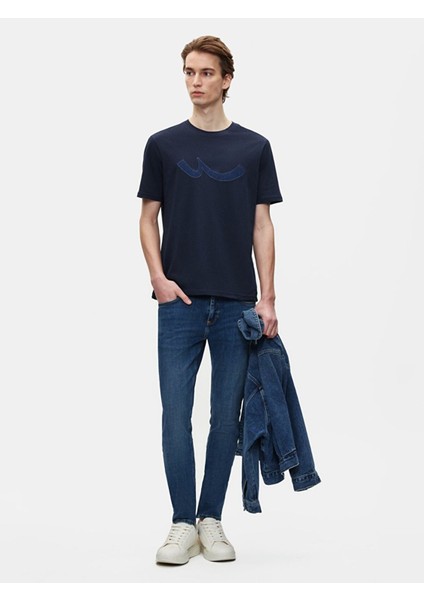 Erkek Kısa Kollu Sıfır Yaka Sıgn Baskılı Regular Lacivert T-shırt