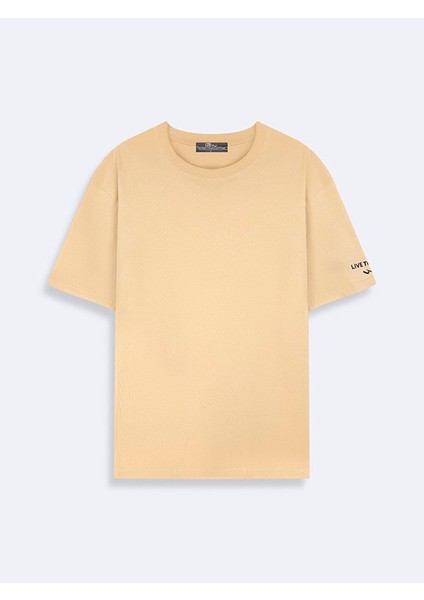 Erkek Kısa Kollu Sıfır Yaka Basıc Loose Bej T-shırt