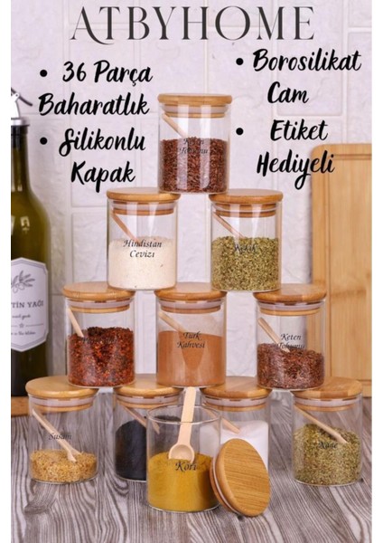Şık ve pratik silikon kapaklı borosilikat cam baharatlık takımı, 36 parça, 250 ml