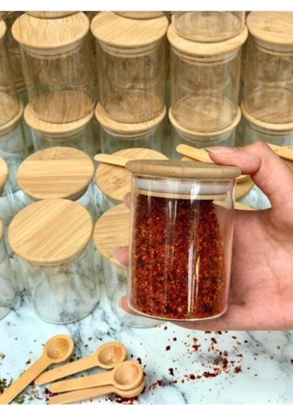 Bambu Kapaklı Cam Baharatlık ve Ahşap Kaşık Seti, şık ve kullanışlı 6 parça