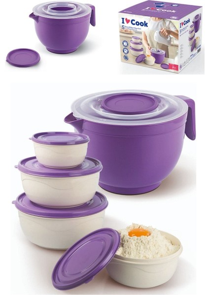 Mor renkli 5 parçalı karıştırma ve mikser kase seti, pratik kullanım sağlar.