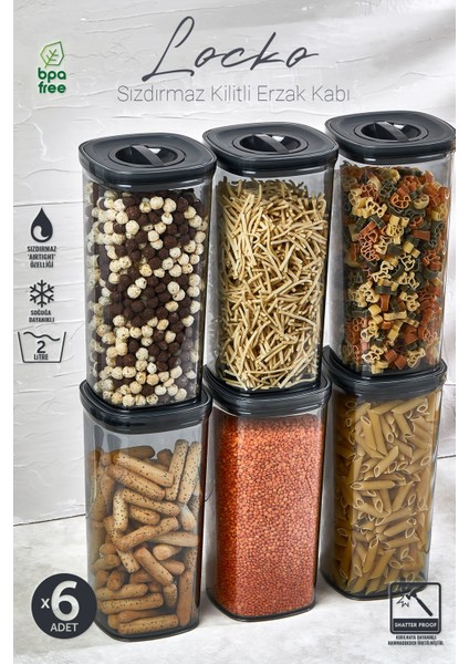6 x Adet Füme Locko Vakumlu Sızdırmaz Saklama Kabı 2lt & Erzak Kabı