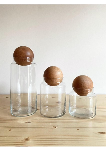 Saydam Ahşap Kapaklı Cam Kavanoz Seti, saklama ve dekorasyon için mükemmel, 3'lü