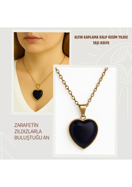 Kalp Kesim Modelli Yıldız Taşı Kolye Paslanmaz Çelik Altın Kaplama Zincirli Lacivert Renk Doğal Taş Takı Unisex