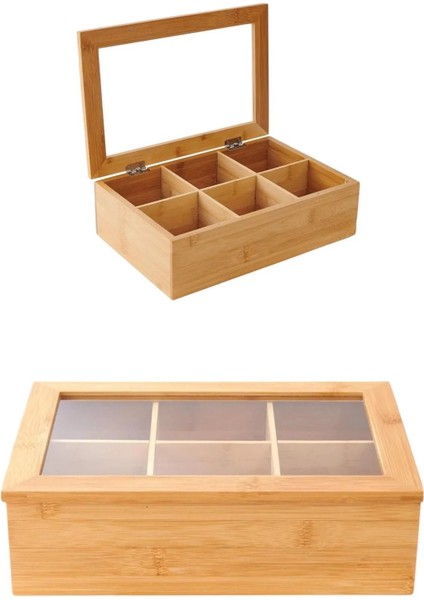 Bambu Çay Kutusu - 6 Bölmeli Mıknatıslı Kapak - Bambu Organizer Kutu