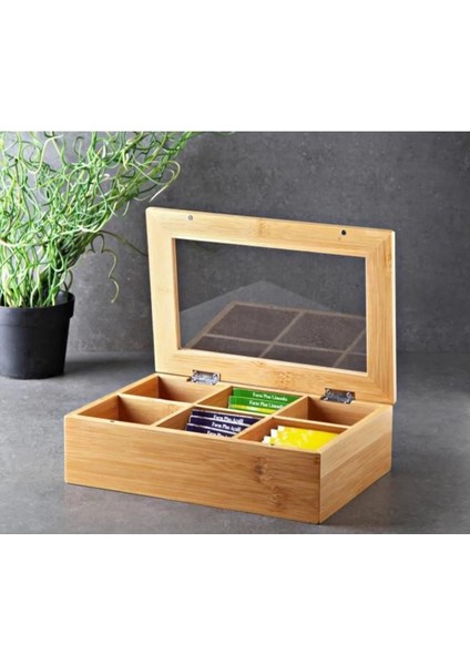 Bambu Çay Kutusu - 6 Bölmeli Mıknatıslı Kapak - Bambu Organizer Kutu