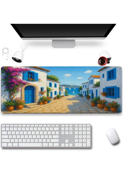 Sonictouch Ultragrand Mavi Beyaz Bodrum Evleri Dikişsiz Xxl Gaming Oyuncu Masaüstü Klavye Mouse Pad 40X90CM