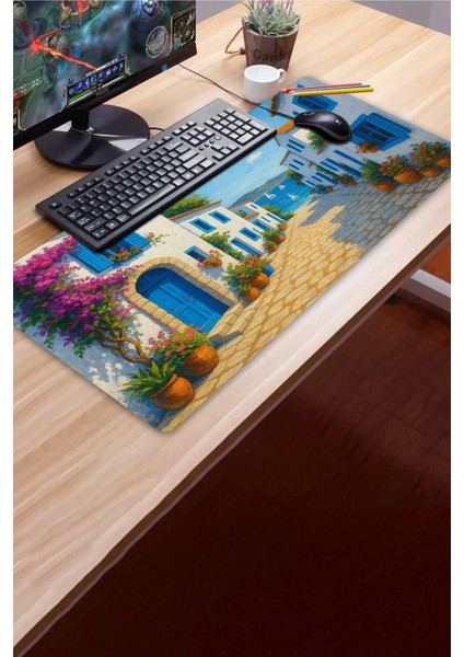 Sonictouch Ultragrand Mavi Beyaz Bodrum Evleri Dikişsiz Xxl Gaming Oyuncu Masaüstü Klavye Mouse Pad 40X90CM