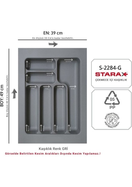 39x49 cm gri plastik çekmece içi kaşıklık, düzen sağlayıcı, şık ve kullanışlı tasarım