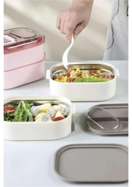 Vagon Life 1000 ml Lunchbox Çift Katlı 3 Bölmeli Çelik Sefer Tası Yemek Kutusu Beslenme Kabı