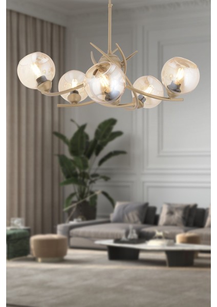Pireal 5'li Yuvarlak Eskitme Bal Camlı Modern Oturma Odası Salon Avize