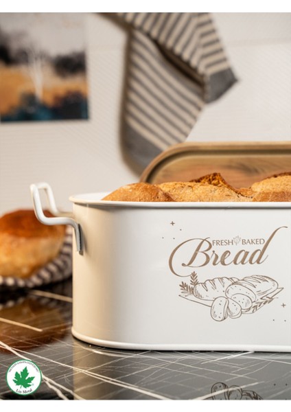 Ahşap Kapaklı Tel Kulplu Metal Ekmeklik (Bread Baskılı)