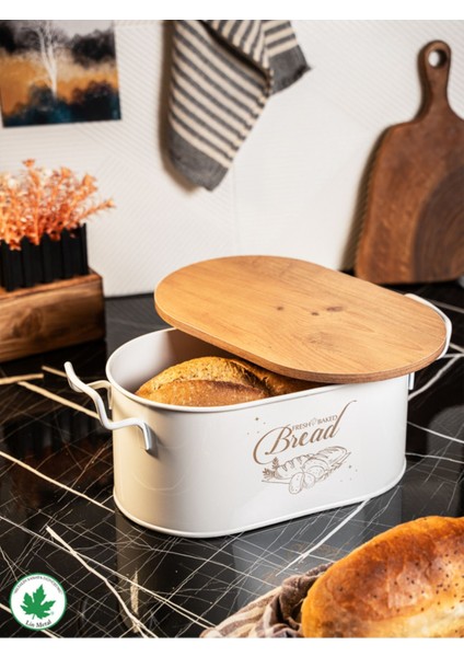 Ahşap Kapaklı Tel Kulplu Metal Ekmeklik (Bread Baskılı)