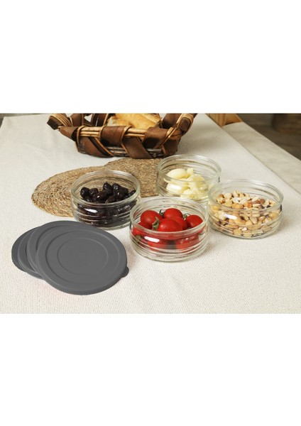 4'lü Premium Cam Kahvaltılık Set 410 cc | Gri Plastik Kapaklı Saklama Kabı, Hava Geçirmez