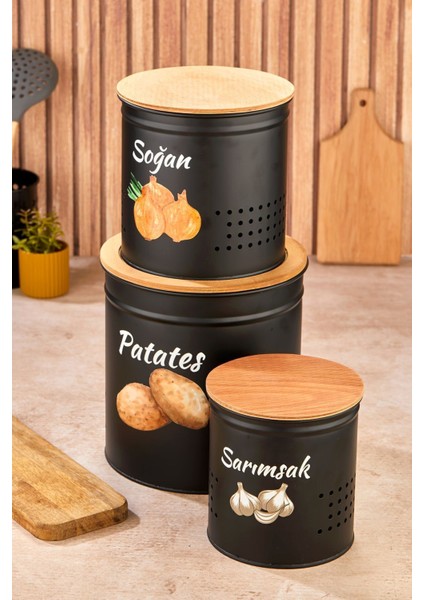 3 Katlı Ahşap Kapaklı Metal Patates Soğan Kovası - Sebzelik - Patates Soğanlık Sepeti Siyah
