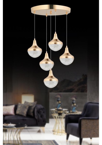 Talu 5'li Gold 3 Renk Ledli Lüx Sarkıt Modern LED Avize