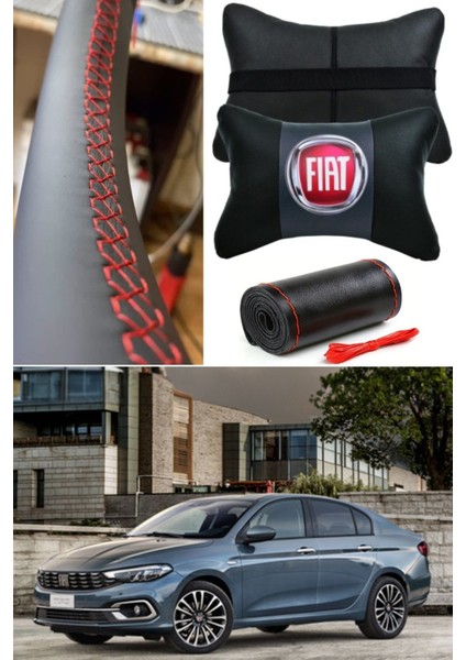 Fiat Egea Serisine Uyumlu Dikmeli Direksiyon Kılıfı Düz Kırmızı&2'li Oto Boyun Yastığı(Ultra Esnek) fiyatları