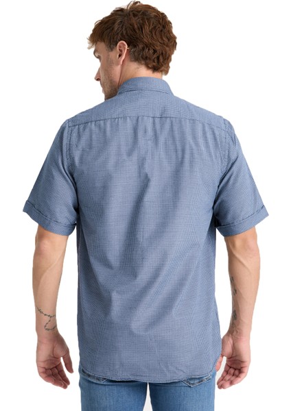 Erkek Lacivert Kısa Kollu Geniş Kesim Cepli Yaka Düğmeli Pamuk Gömlek modelleri