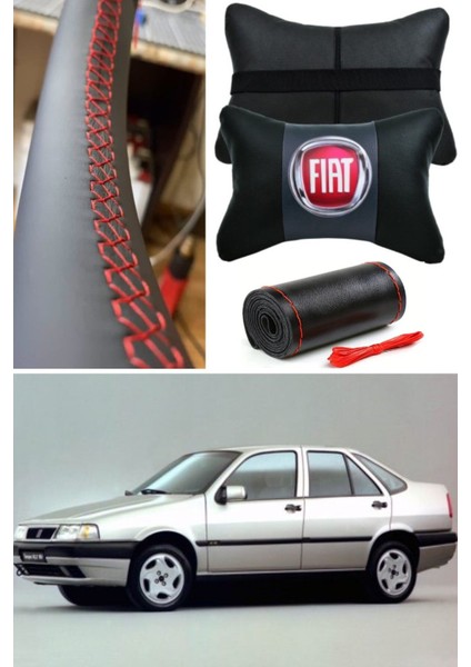 Fiat Tempra Uyumlu Dikmeli Direksiyon Kılıfı+2'li Oto Boyun Yastığı(Deri Set)