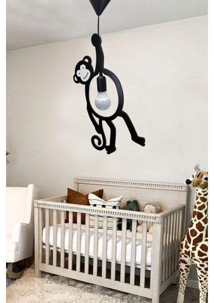 Monkey Ahşap Maymun Sarkıt Tekli Avize Bebek Çocuk Odası Siyah Mutfak Cafe Dekoratif Avize Lamba