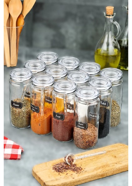 12 Adet Cam Baharatlık ve Kaşık Seti, 500 ml, Şeffaf, Beyaz, 24 Parça